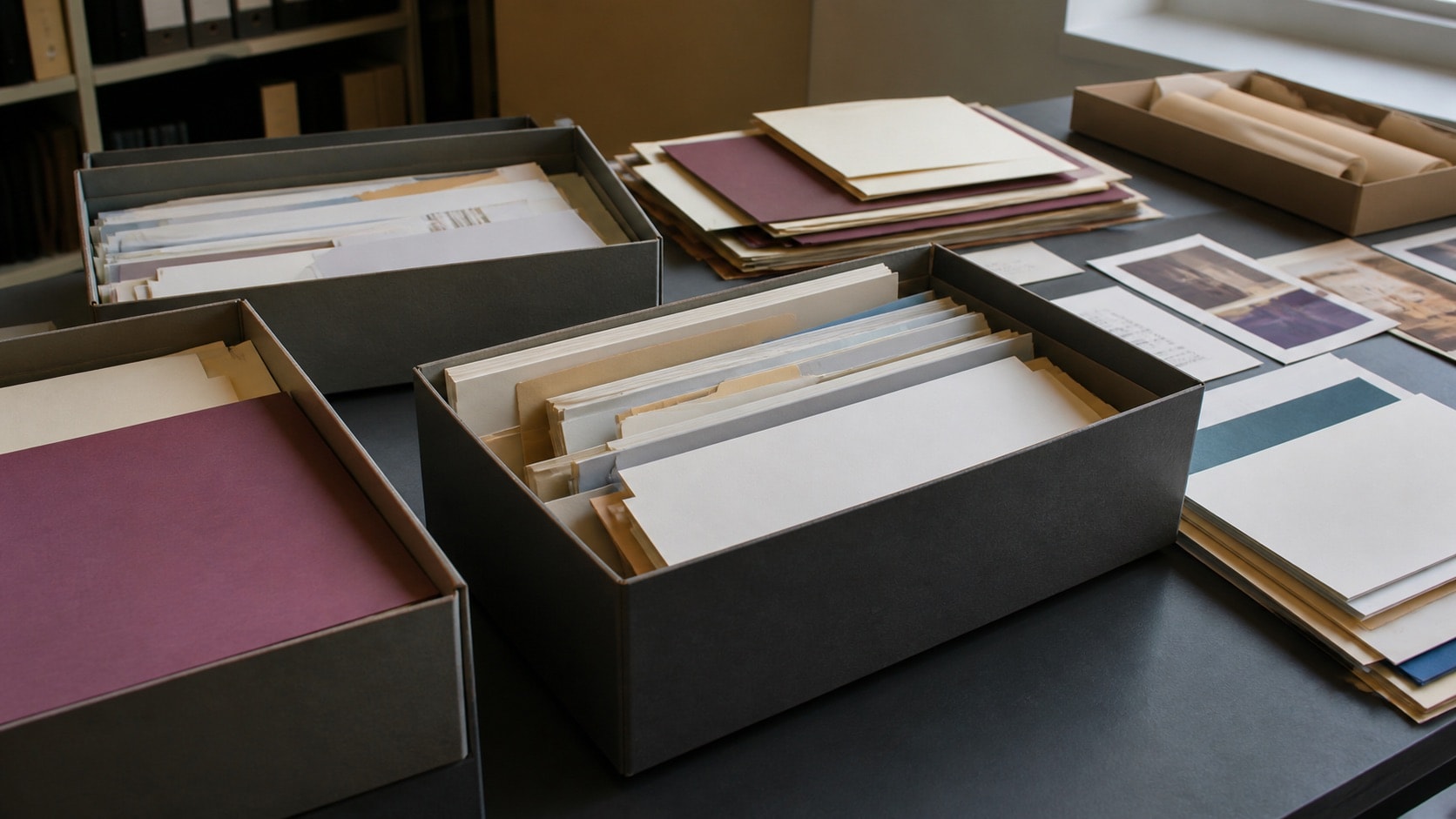 Open archival boxes with unlabeled civic newsletters and folders