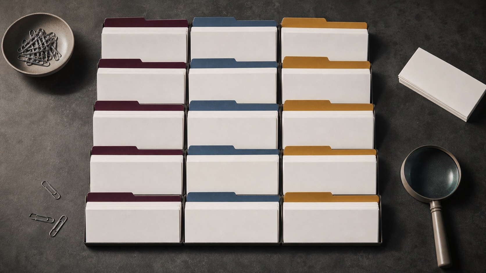 Blank categorized directory cards arranged in a grid for historical research