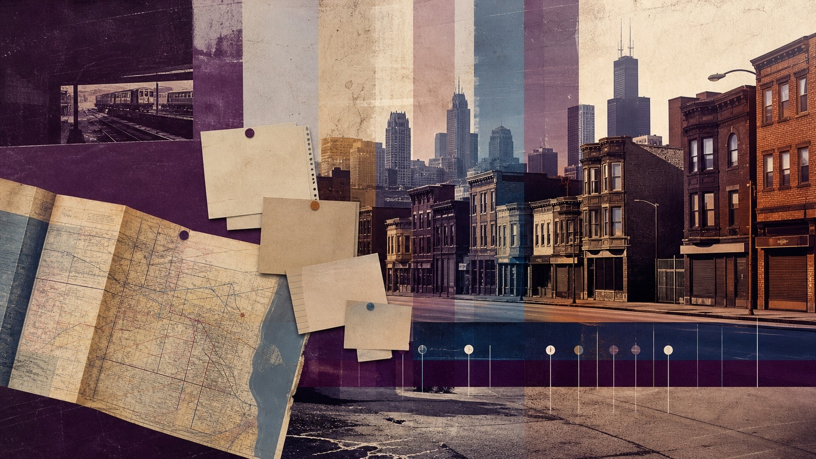 Layered city, map, and bulletin imagery illustrating LGBTQ+ business network history