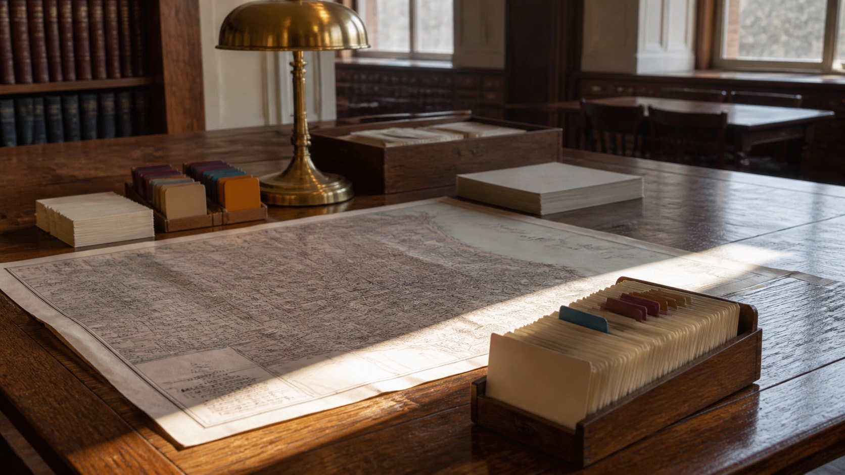 Archival map and directory cards arranged on a civic history reading table