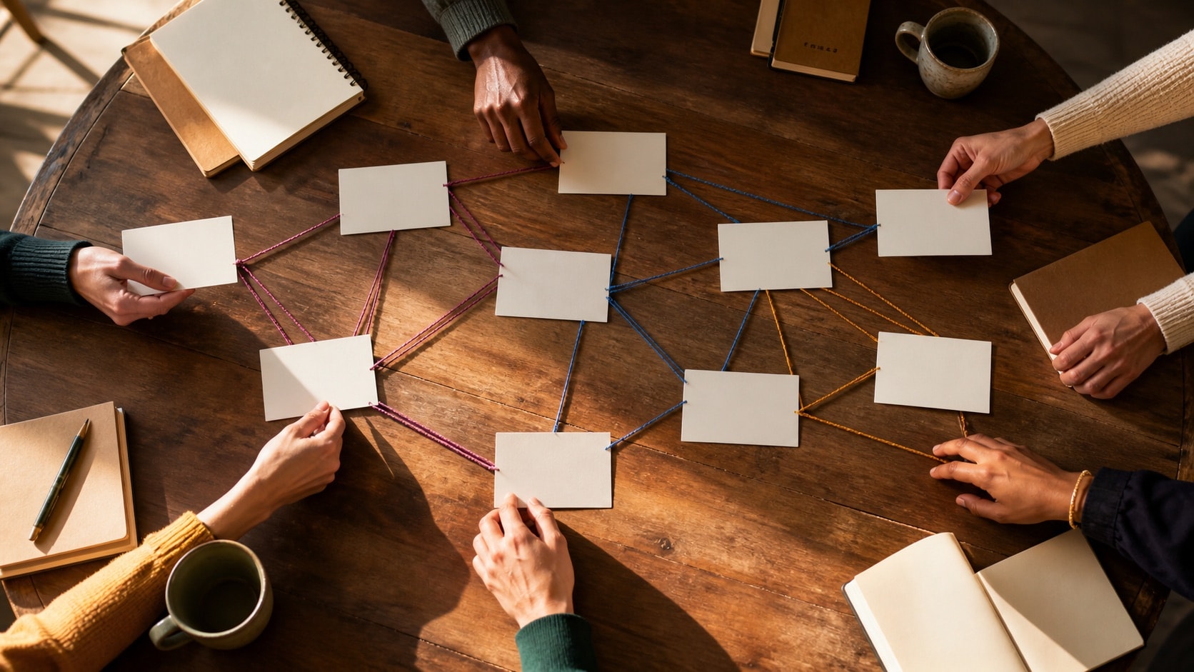 Hands arranging blank cards into a connected network during an inclusive workshop